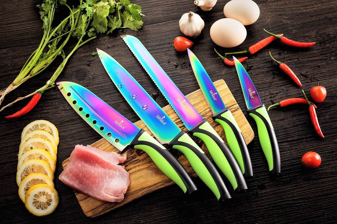 Kitchen Knife Set Kit | Green Handle & Red Magnetic Rack