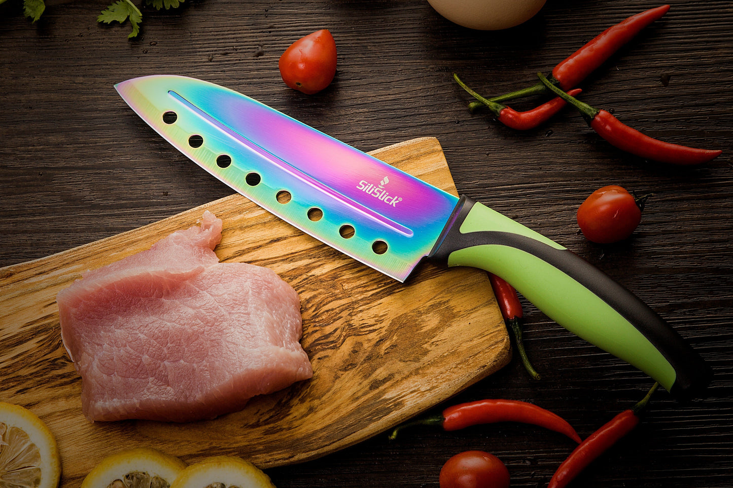 Kitchen Knife Set Kit | Green Handle & Red Magnetic Rack