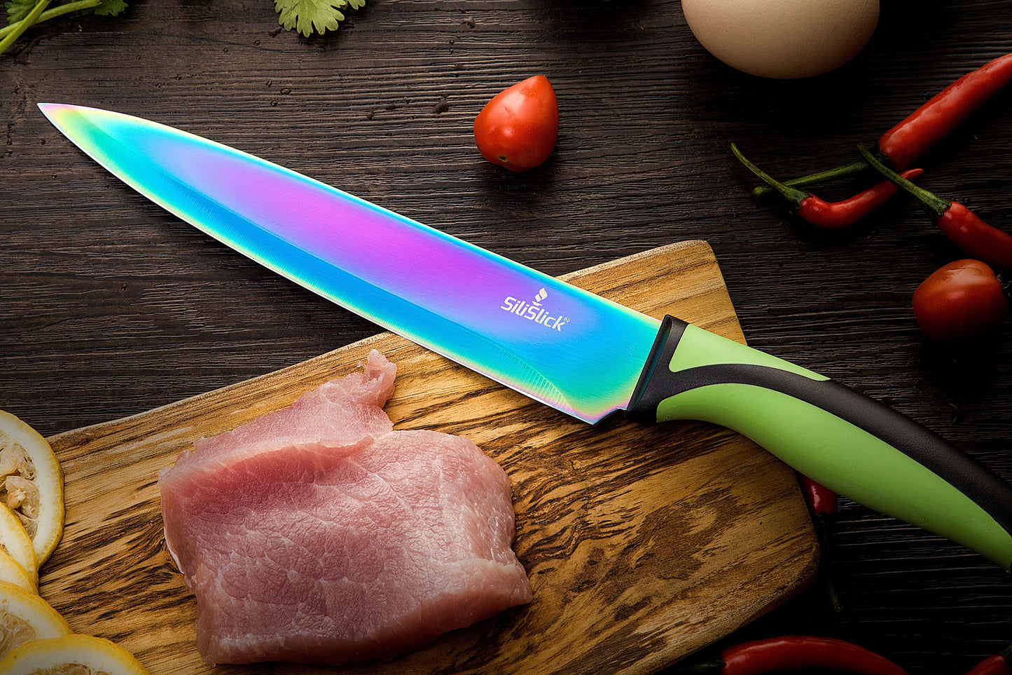 Kitchen Knife Set Kit | Green Handle & Red Magnetic Rack
