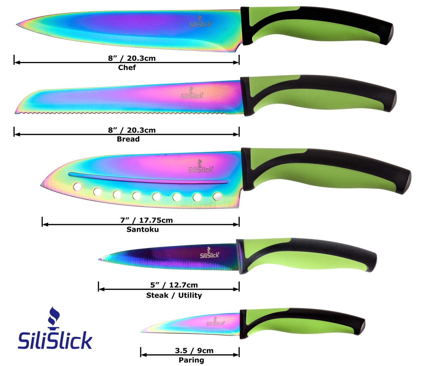 Kitchen Knife Set Kit | Green Handle & Red Magnetic Rack